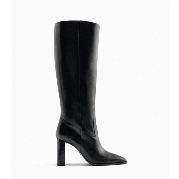 ZARA WOMAN BLACK KNEE HIGH 100% LEATHER BOOTS - Picture 2 of 8